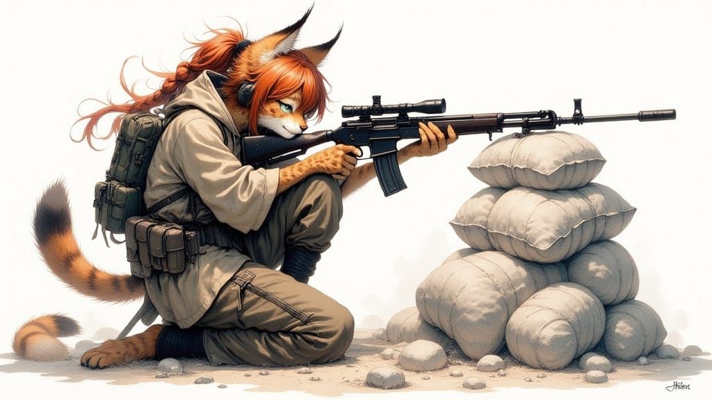 Anthropomorphic Cat Marksman in Watercolour Style