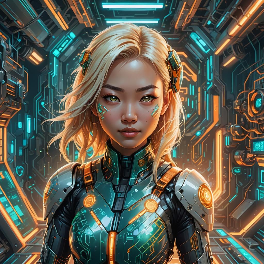 Smiling Blond Cyborg Girl in Futuristic Lab