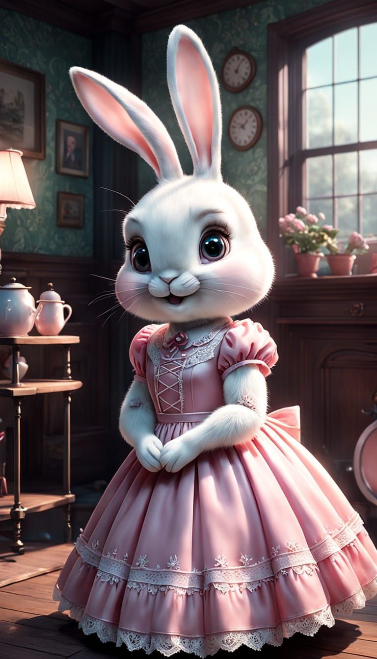 Pastel Bunny in Vintage 1950s Home with Cinematic Details