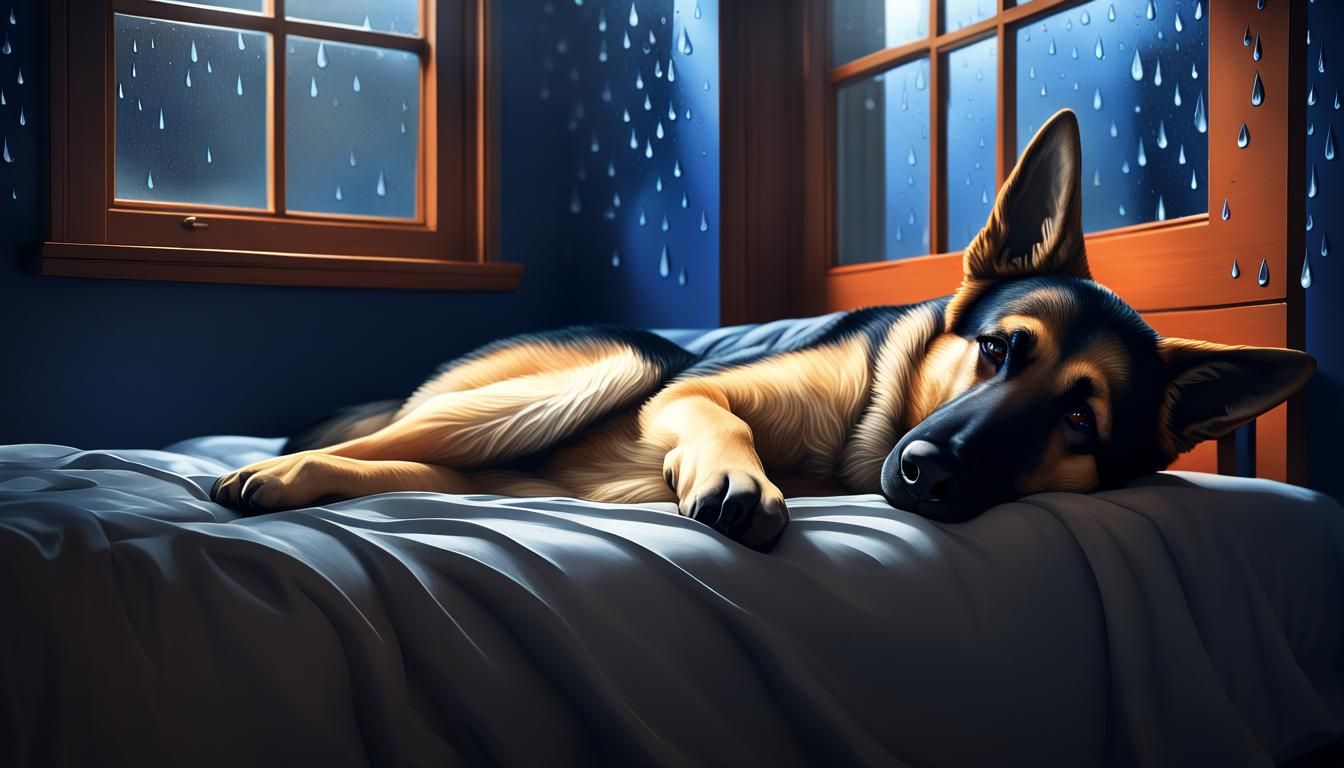 German Shepherd Sleeping in Rainy Window, Realistic Style