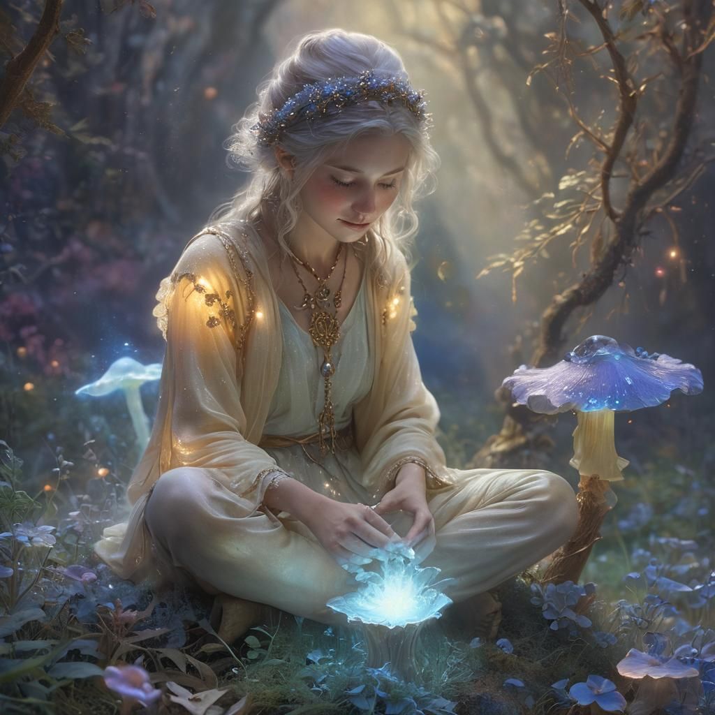 Ethereal Sage on Mushroom in Dreamy Fantasy Illustration