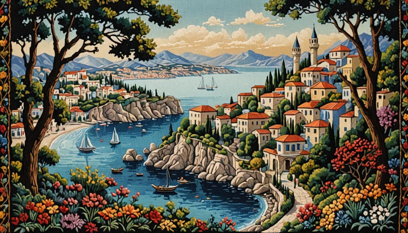 Hand-Embroidered Tapestry of Antalya Landscape