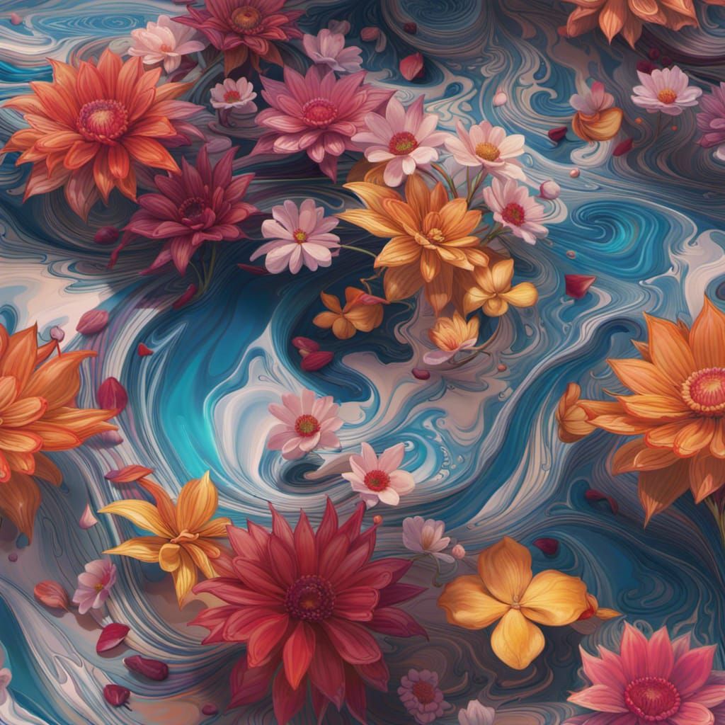 Colorful Water-Marbled Flowers in Digital Masterpiece
