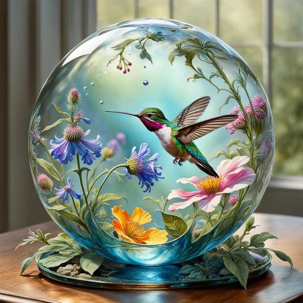 Hummingbird and Wildflower in Glass Orb: Watercolor Style