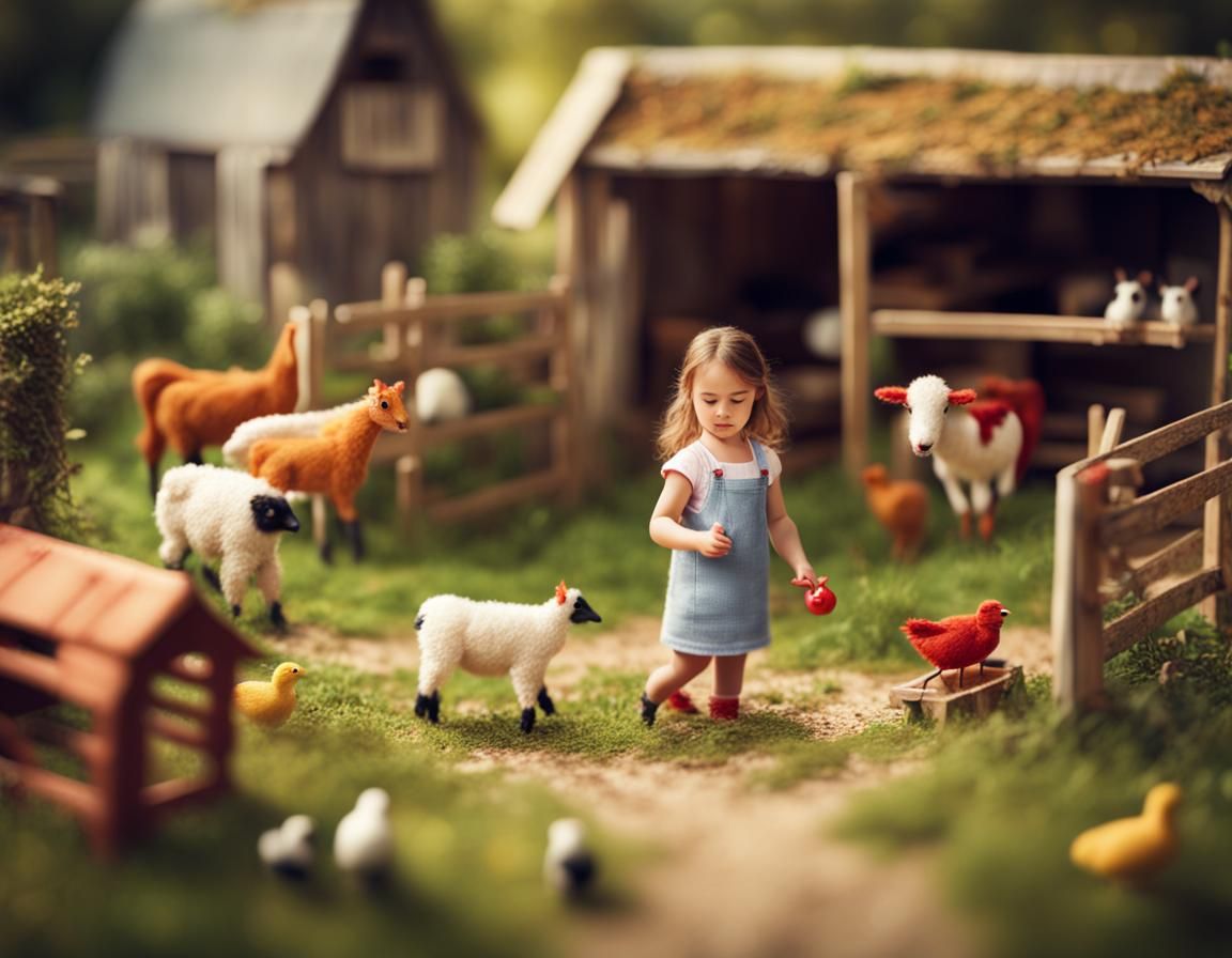 Girl Plays with Farmyard Toy Set in Romantic Style