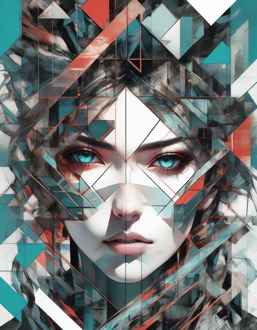 Anime Girl Portrait with Geometric Shapes in Glitch Art