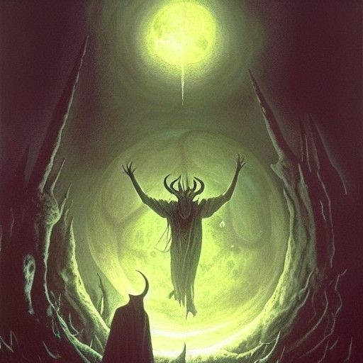 Levitating Demon in Moonlight: A Sinister Oil Painting