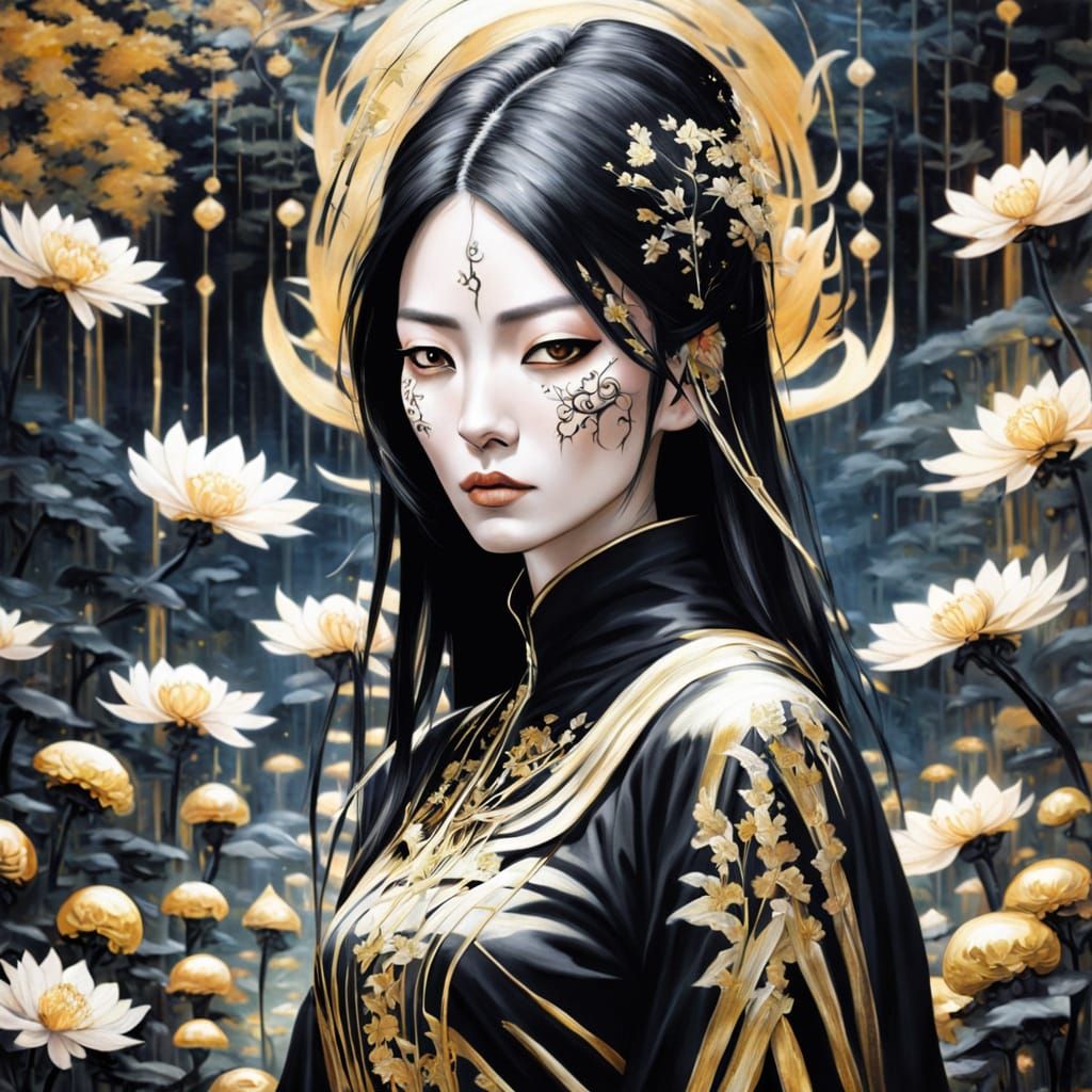 Slender Asian Woman in Alien Garden Oil Painting