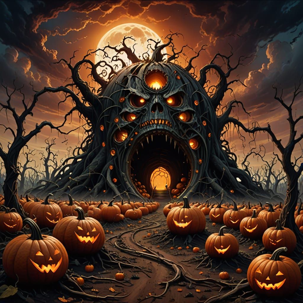 Rusty Screws Face Monster Pumpkins in Eerie Sky