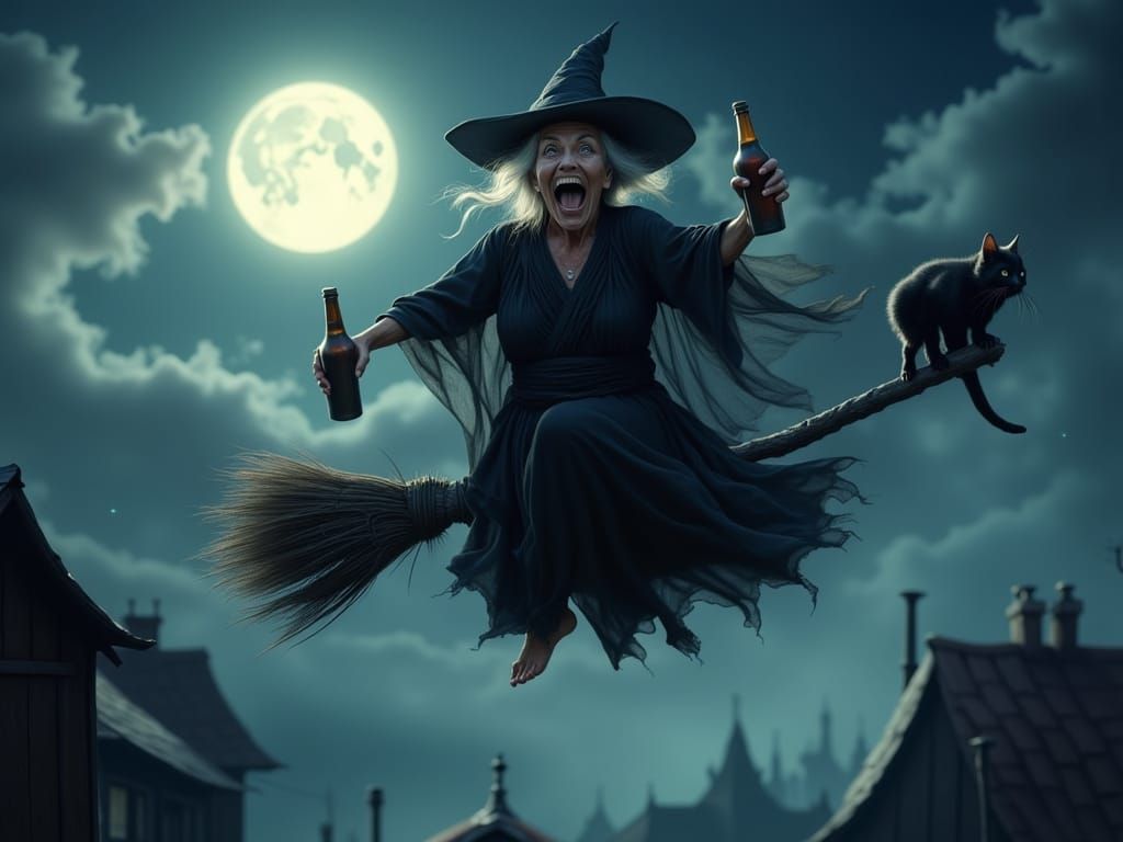 Tipsy Witch's Chaotic Flight Under the Moon