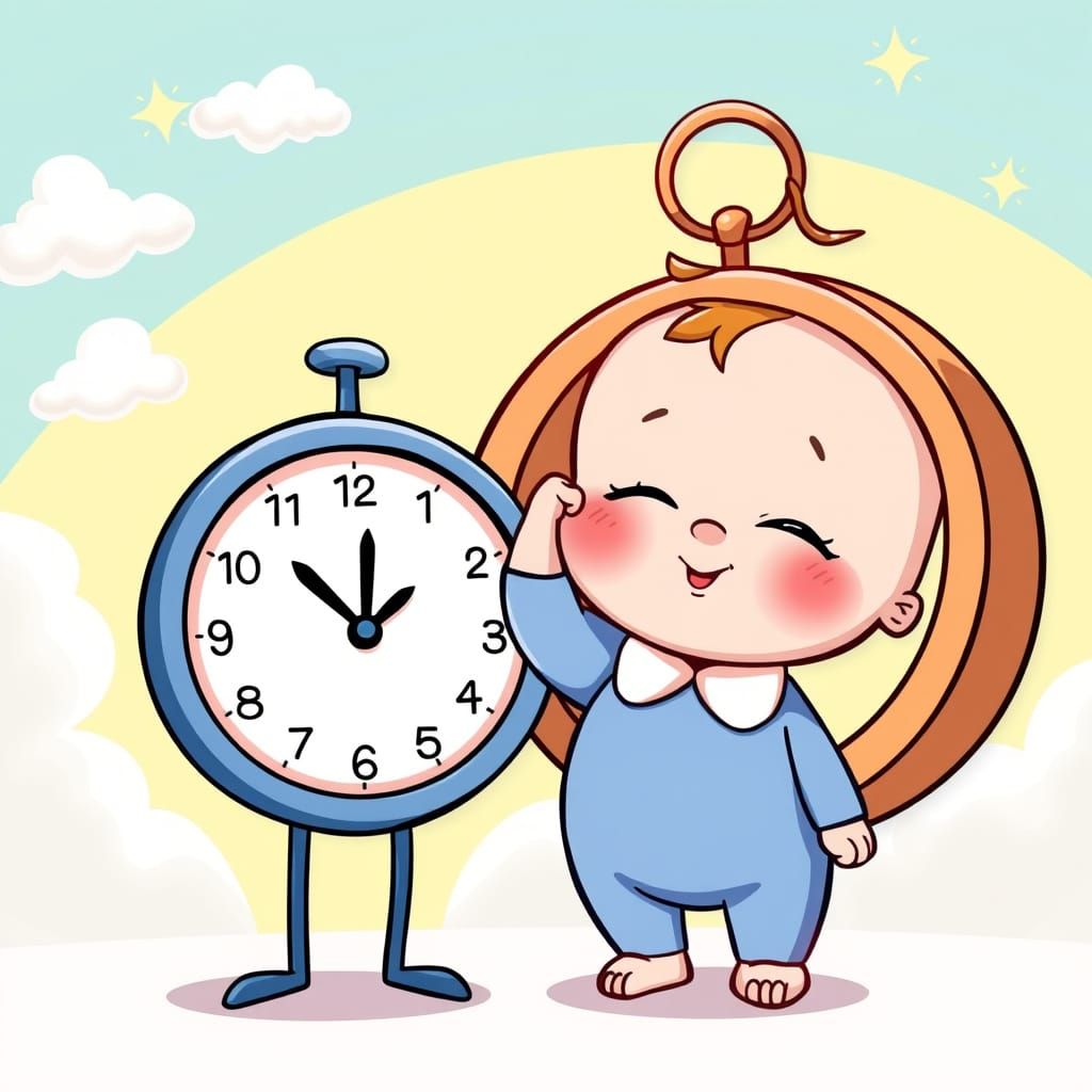 Whimsical Cartoon Clock Watches Over a Sleeping Baby