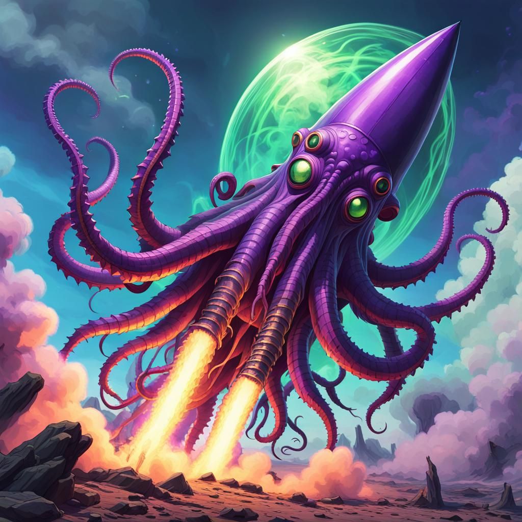 Anime. Cthulu type creature resembling a rocket ship with si...