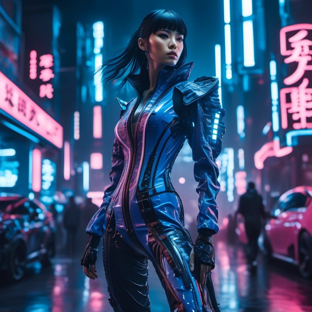 Japanese Woman in Blue Latex, Cyberpunk Style