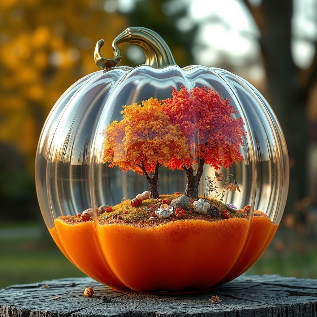 Hyperrealistic Glass Pumpkin Sculpture With Autumn Landscape