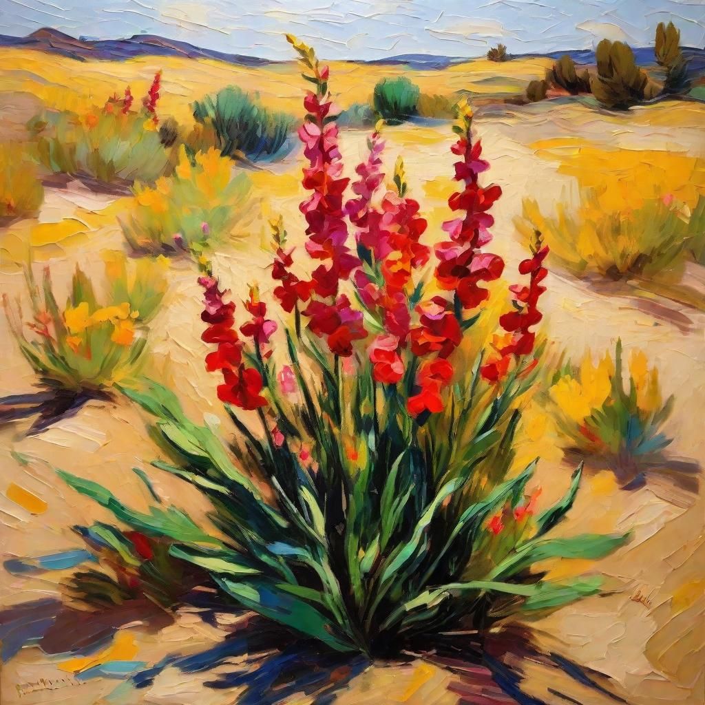 Snapdragons in Desert: Expressionist Painting with Golden Li...