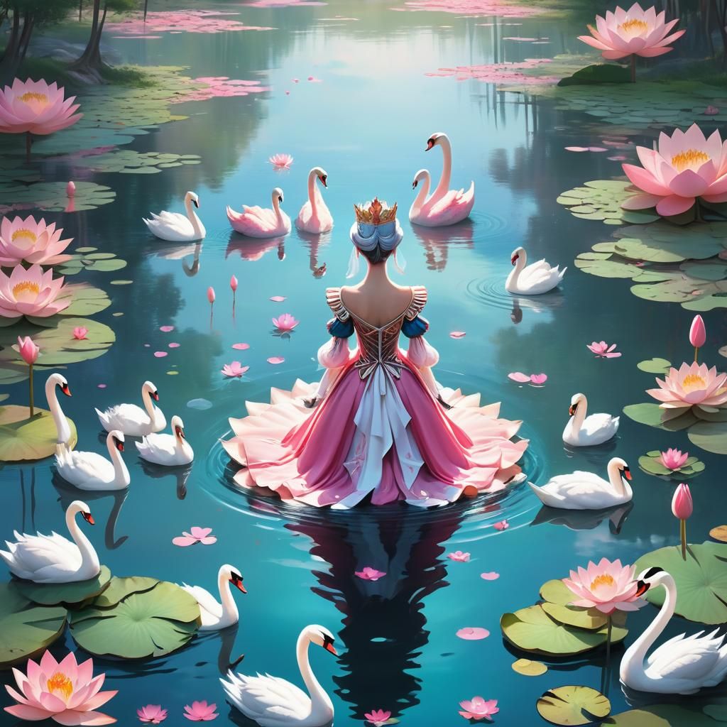 Anime Queen Overlooking Pink Swan Lake