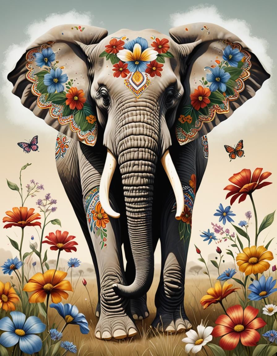 Floral Elephant in African Meadow, Chicano Art
