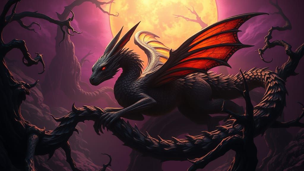Majestic Dark Fantasy Dragon Hybrid in Art Nouveau Style