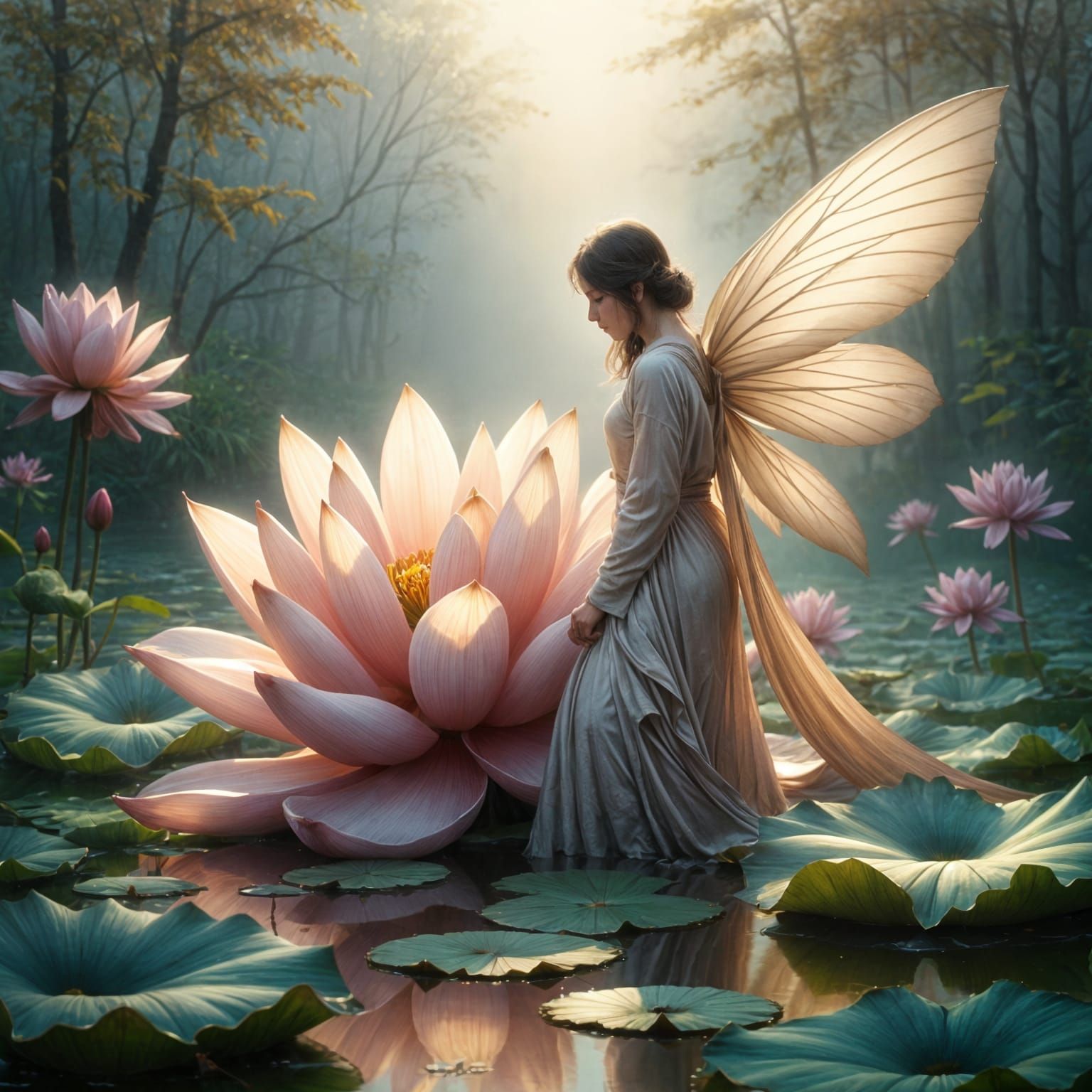 Ethereal Fairy on Lotus Flower at Dawn