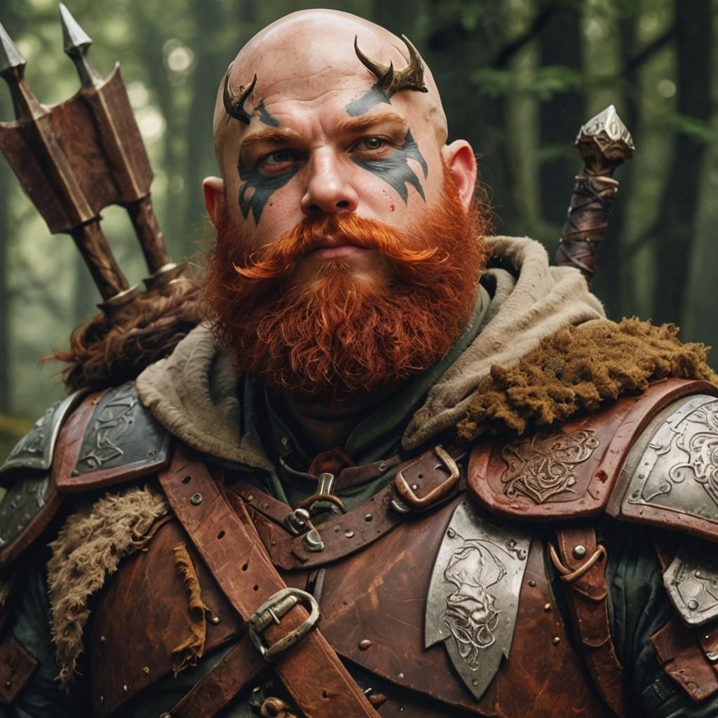 A d&d ranger. Short and fat, bald with stag tattoo on face w...