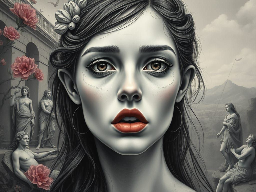 Surreal Portrait of a Woman in Charcoal Style