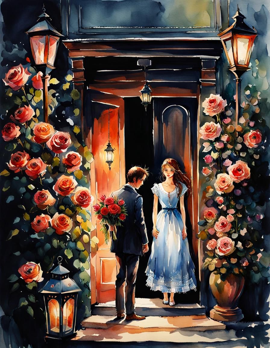 Romantic First Date at Victorian Doorstep in Watercolor