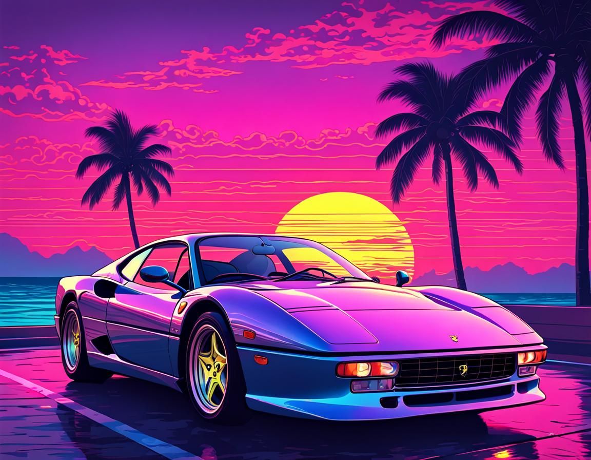 Vaporwave Ferrari Sunset in Miami