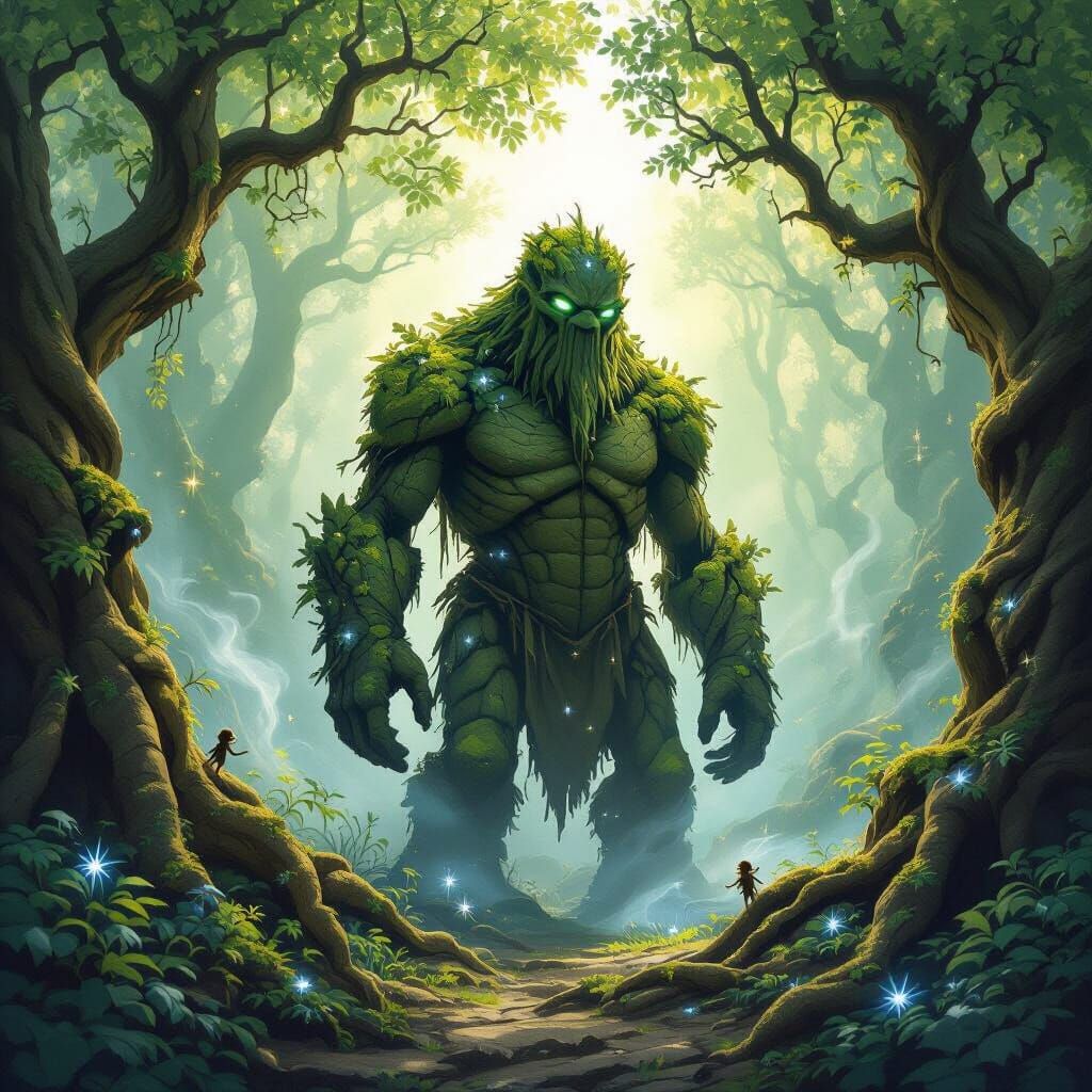 Moss Golem in Enchanted Forest, Fantasy Art