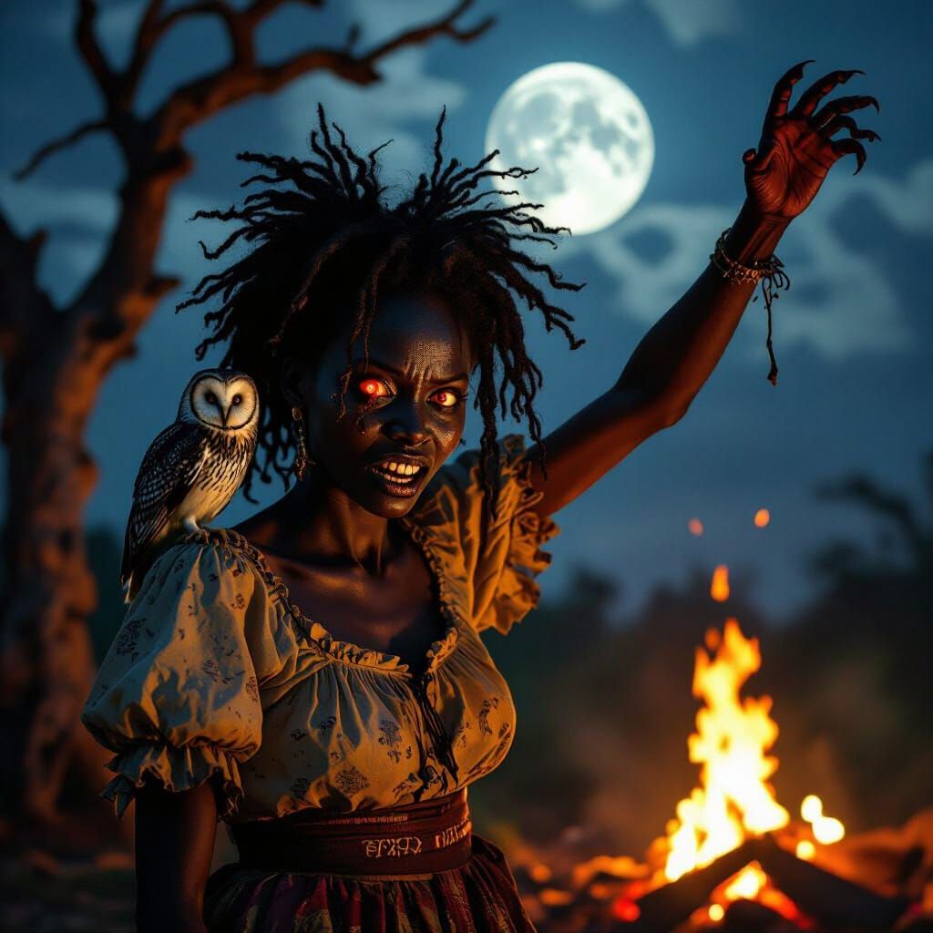 African Woman with Werewolf Arm in Firelit Night Scene