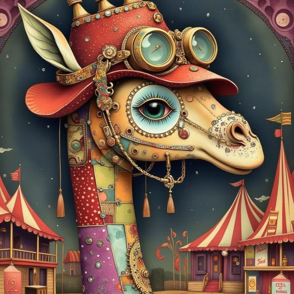 Whimsical Circus Giraffe in Patchwork Watercolor Style