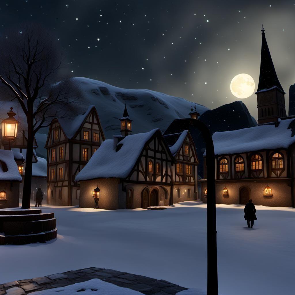 Snowy Town Square at Night in Painterly Style