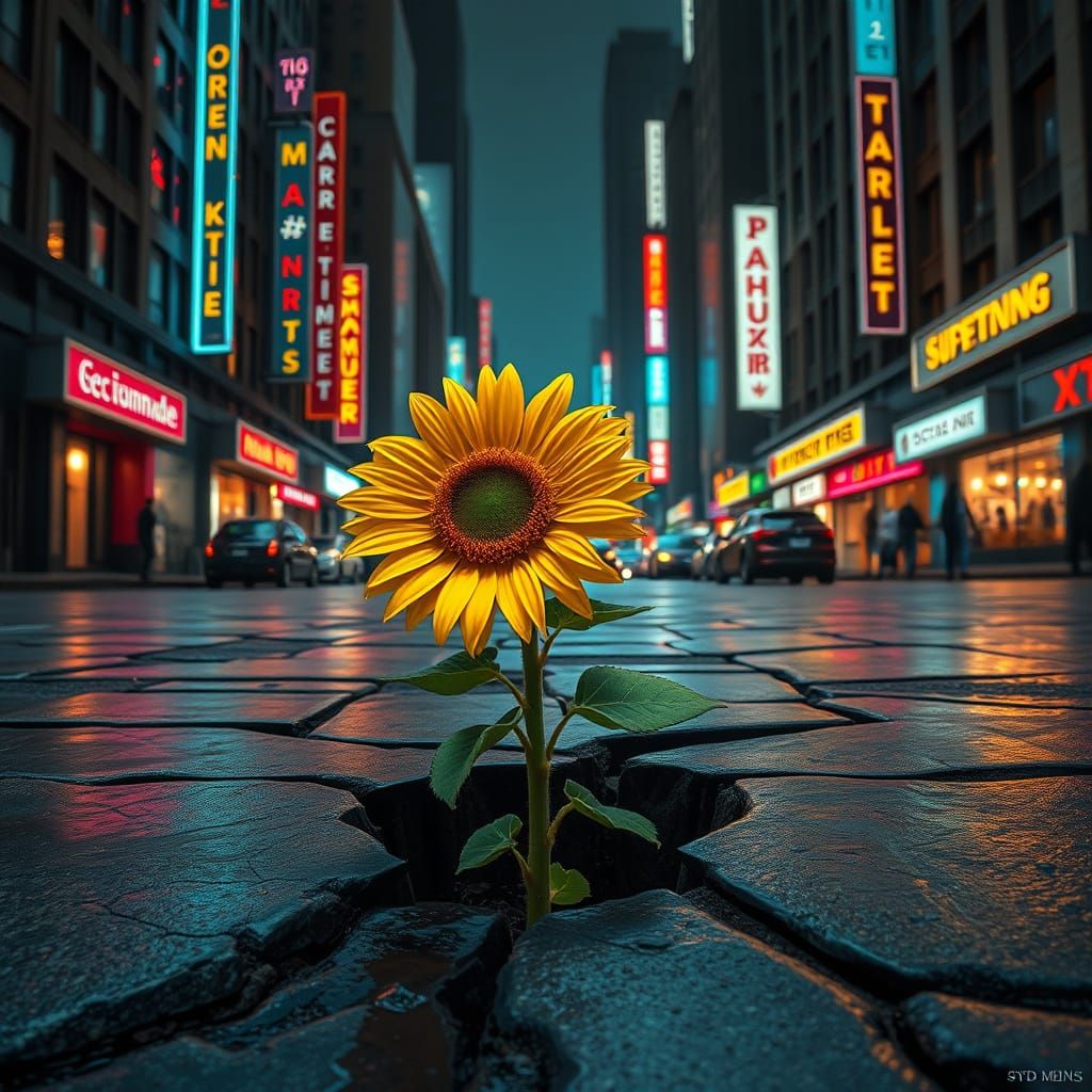 Sunflower in Cyberpunk City, Classical Sculpture Style