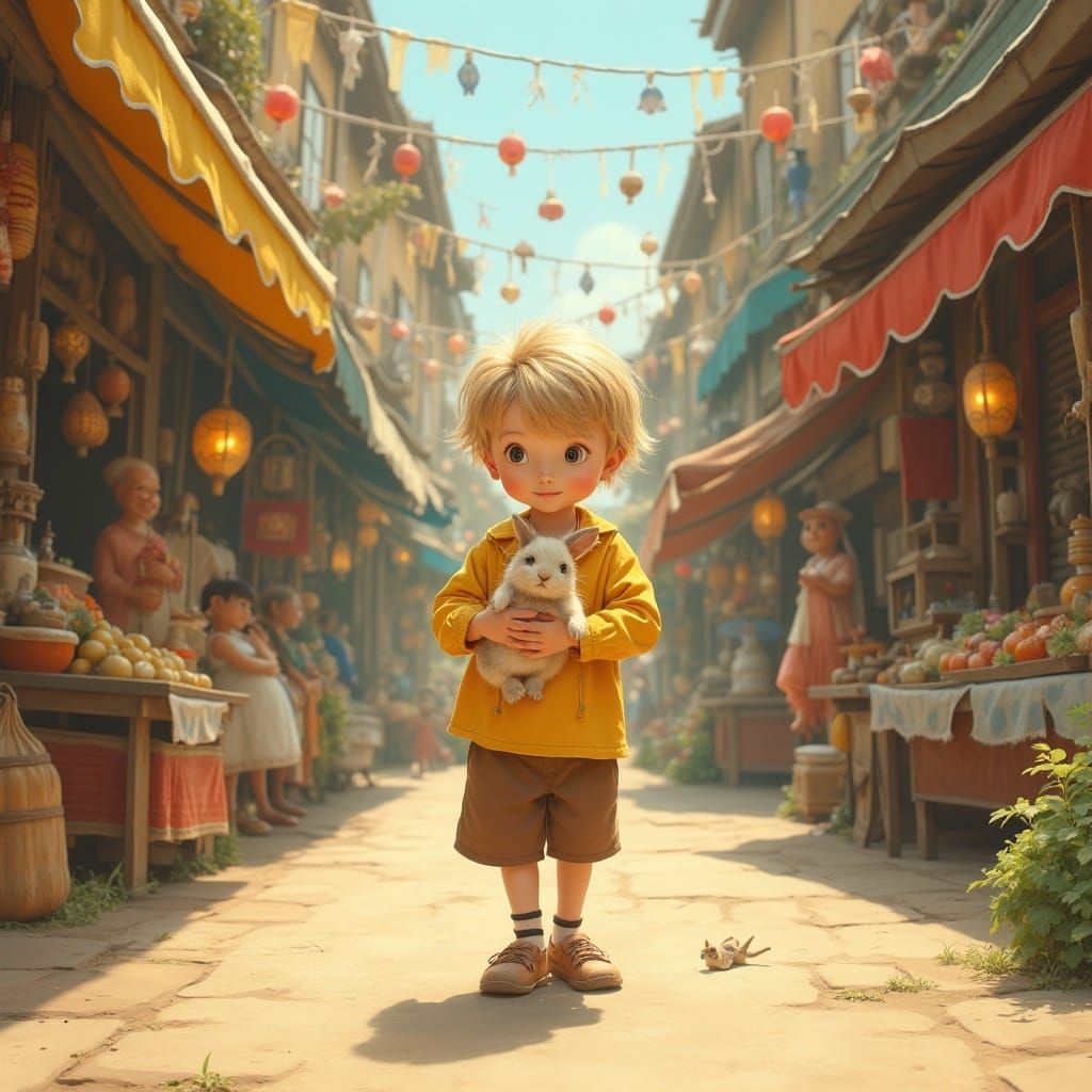 Boy with Rabbit in Market, Whimsical Illustration