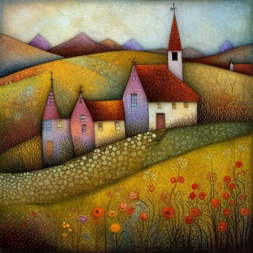 Idyllic Village as Patchwork Art in Morning Light