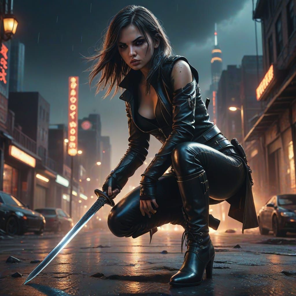 Edgy Dark Fantasy Woman Warrior in Neon Cityscape