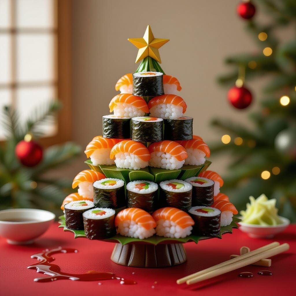 Whimsical Sushi Christmas Tree on Red Background