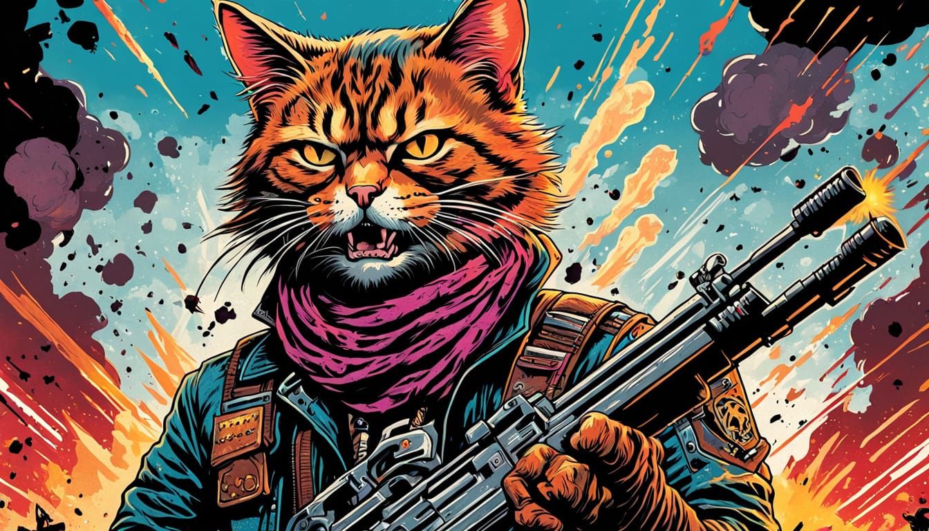 Punk Rock Cat Bounty Hunter in Vintage Poster Style
