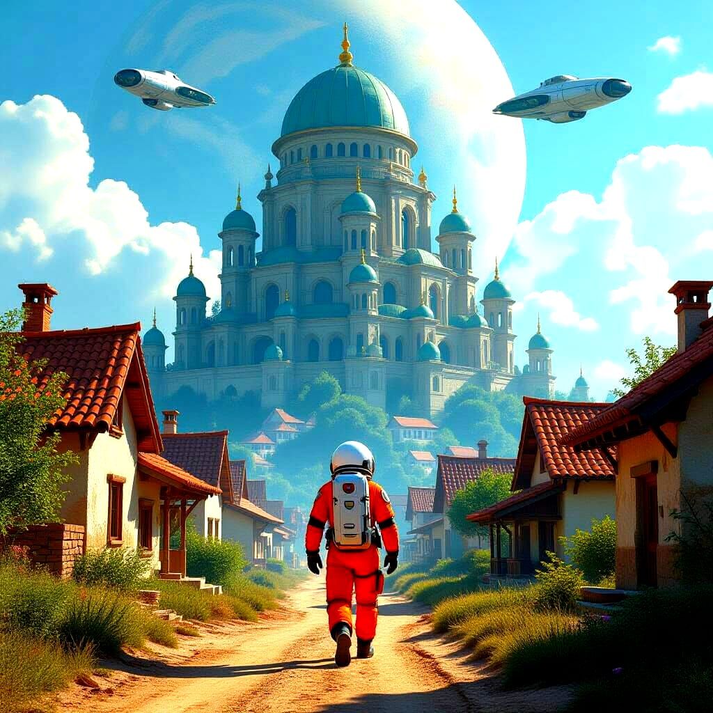 Astronaut in Lush Village with Towering Planet