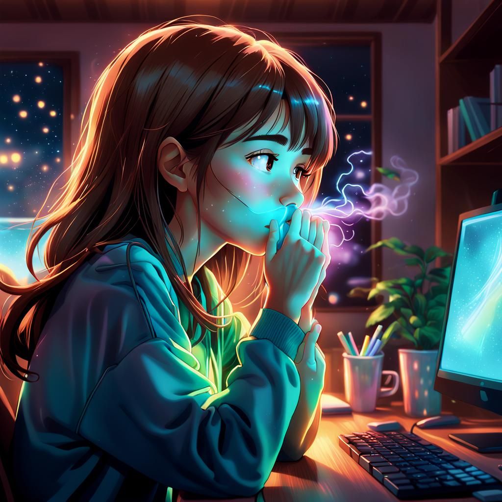 Tired Woman at Computer in Vaporwave Anime Style