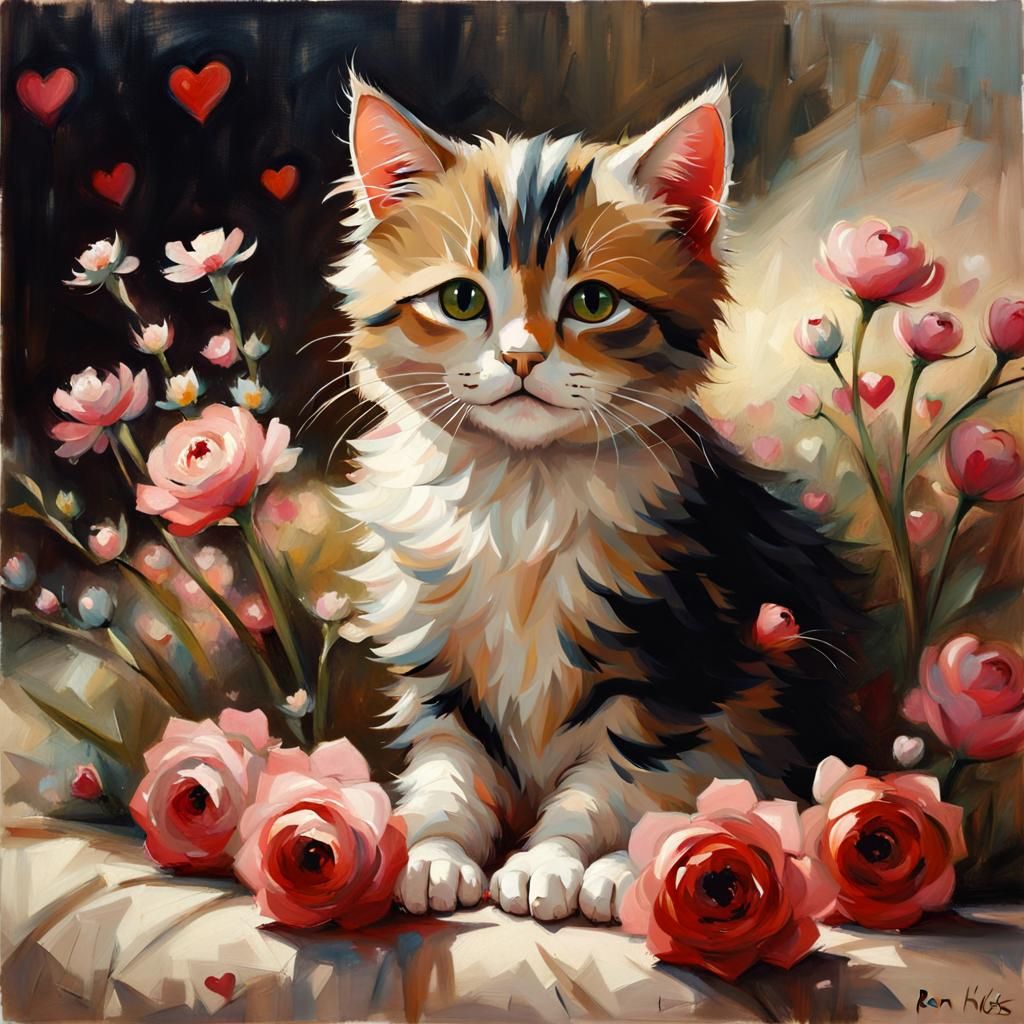 Cat Surrounded by Flowers in Impressionist Style