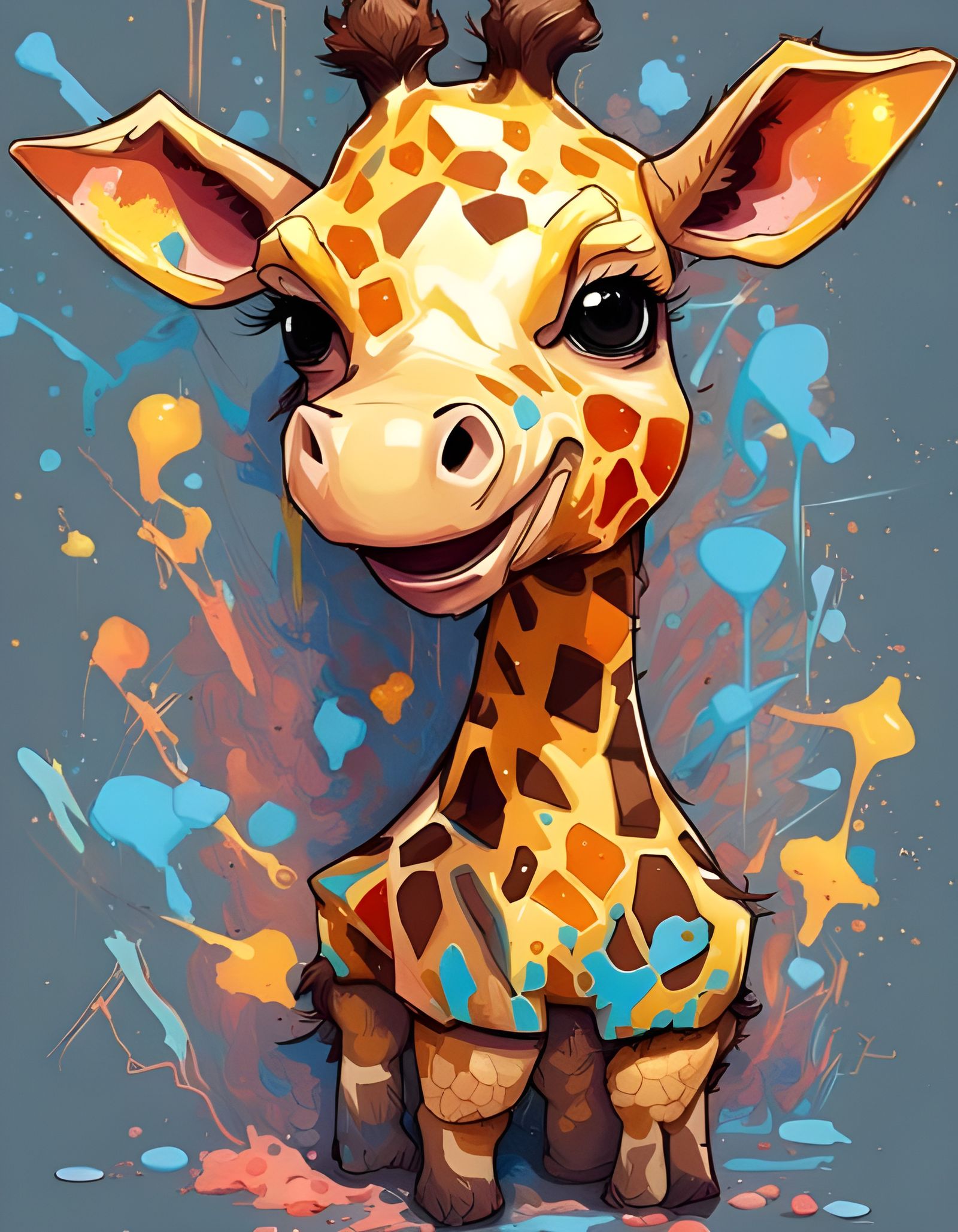 Electrified Chibi Giraffe in Oil Marbling Style