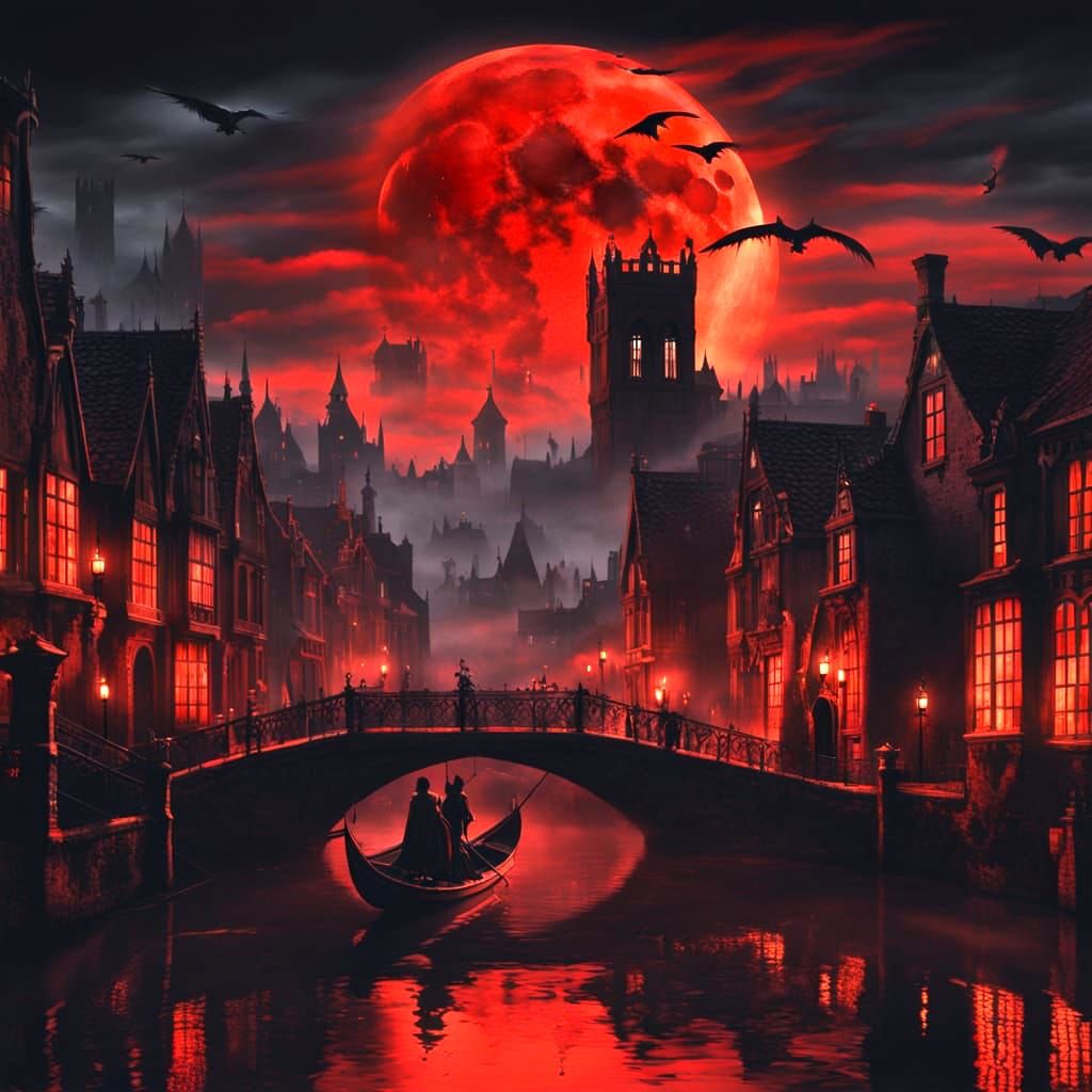 Gothic Canal City Under a Blood Moon with Swirling Clouds