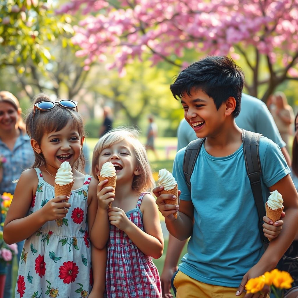 Children Enjoying Ice Cream: Hyperrealistic Summer Park Scen...