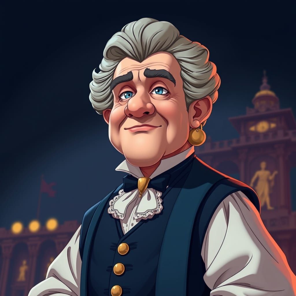 Silly Historical Figure with Oversized Features in Anime Sty...