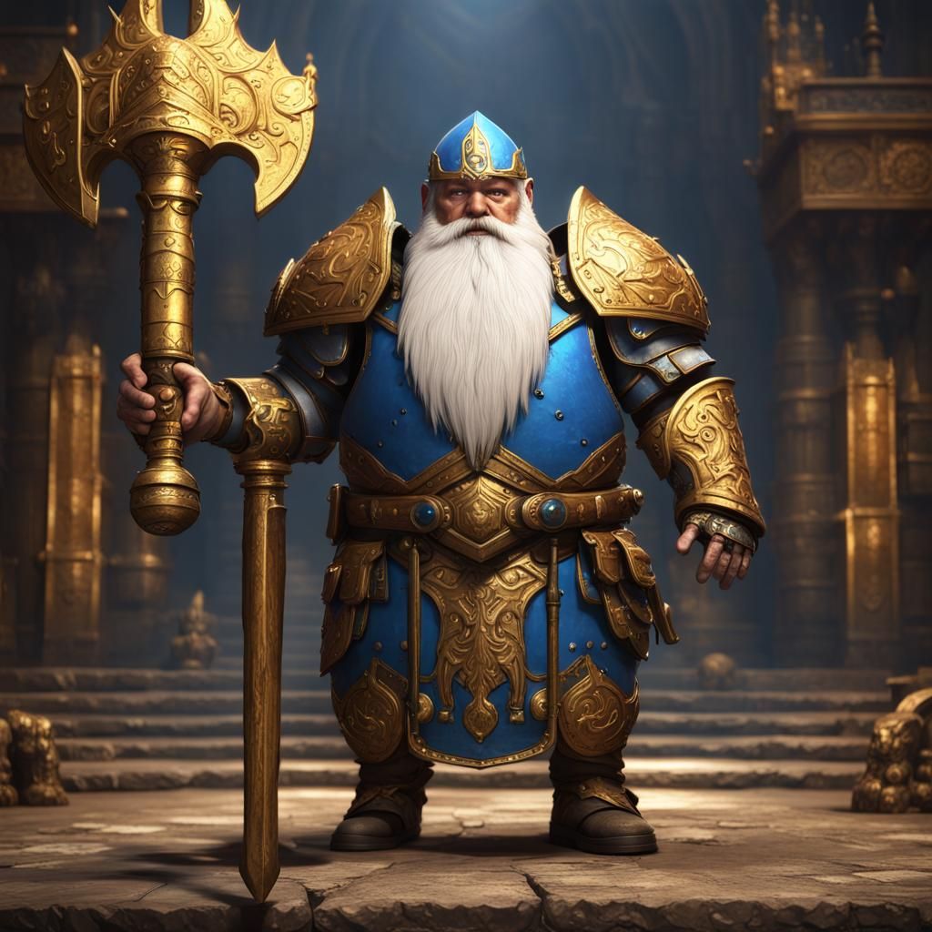Golden Armored Dwarf Templar with Glowing Hammer
