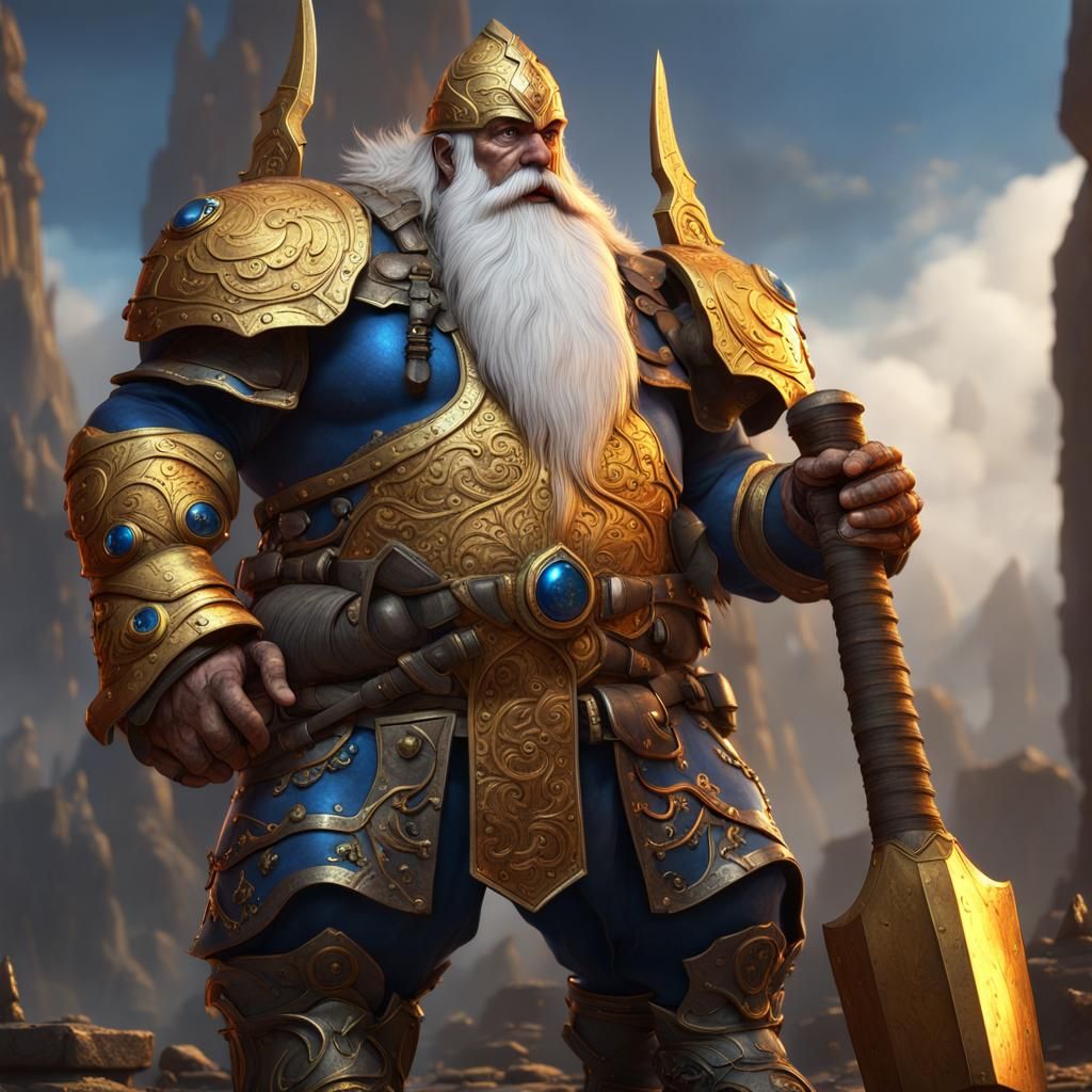 Dwarf Paladin with Golden Hammer in Temple
