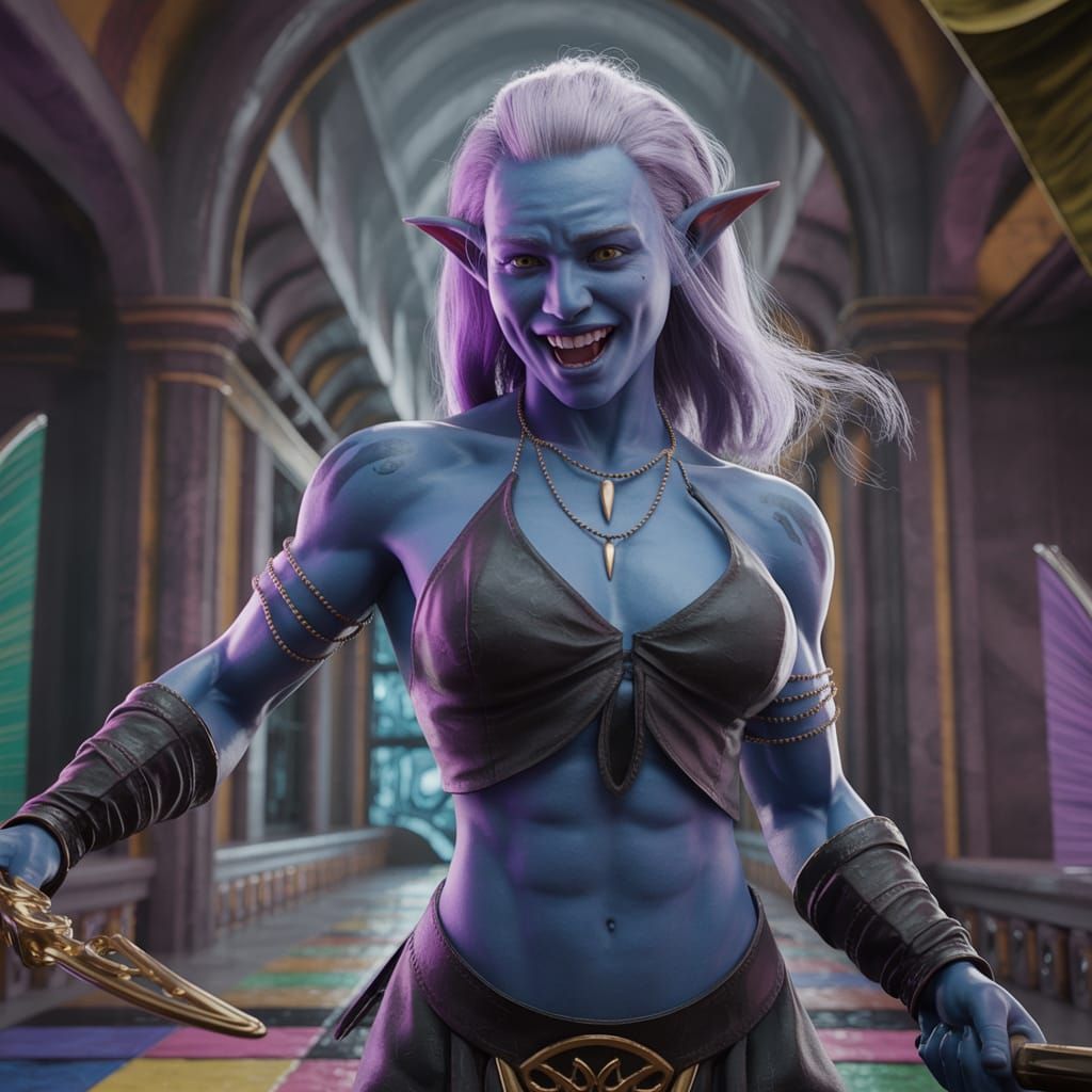 Muscle-bound Drow Sorceress in Dynamic Dark Fantasy Art