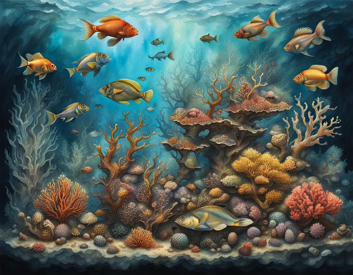 Colorful Underwater Coral Reef Scene in Watercolor Style