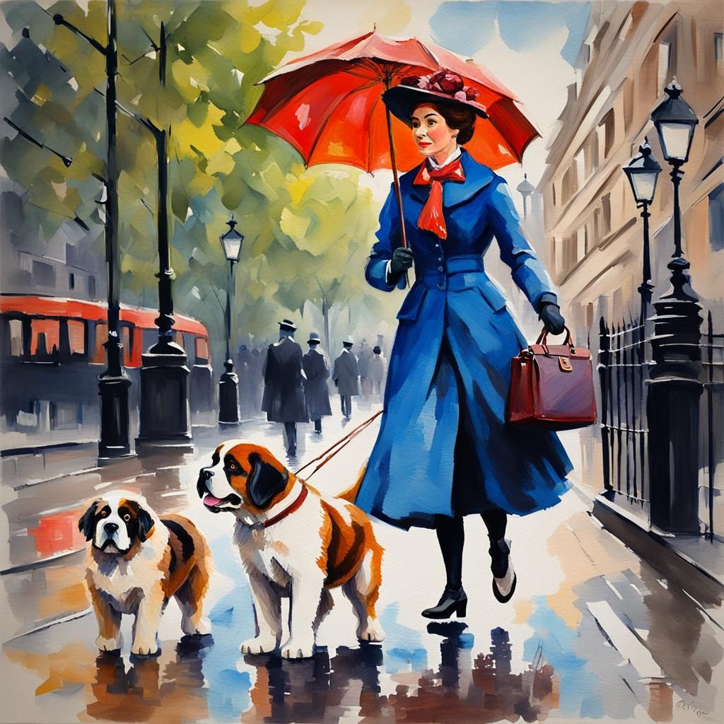 Mary Poppins in London, Gouache Impressionist Painting