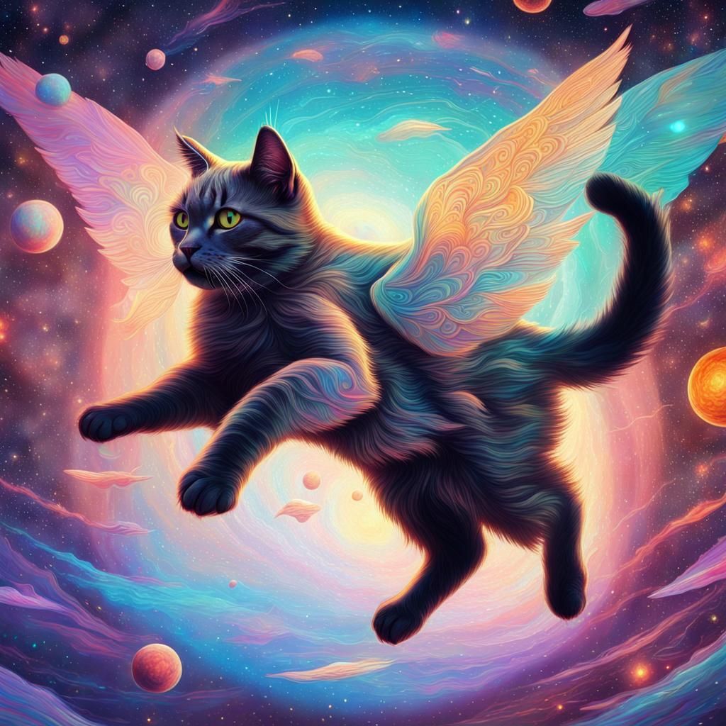 Cat Flying in Cosmic Astral Hologram